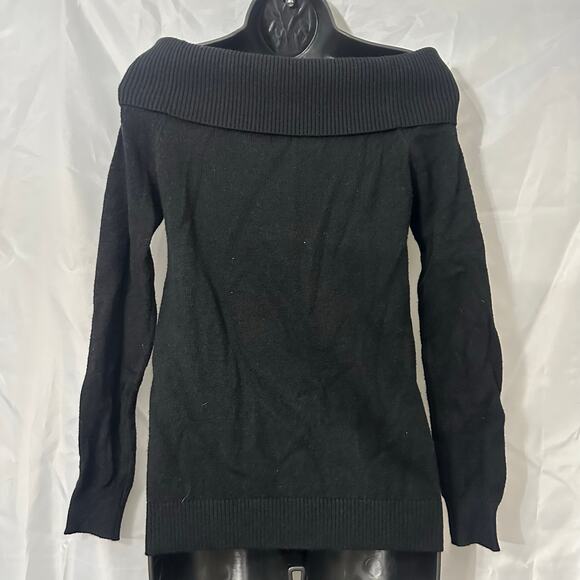 Lulus Off Shoulder Black Sweater Small Long Sleeve Ribbed Foldover Neck Knit Top - Picture 2 of 3